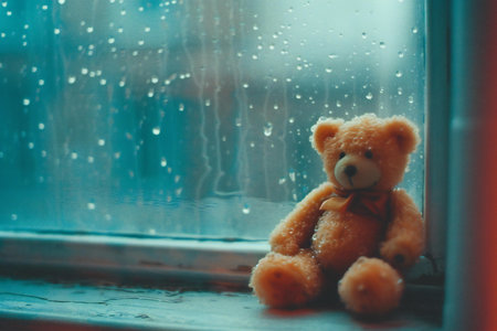 Teddy bear sit on the windowsill. Rainy day.の素材