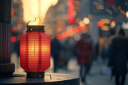 Red lantern on the street in the evening. New Year's illumination.の素材