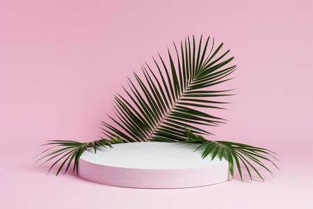 Minimalist podium with palm leaves on pink background.の素材