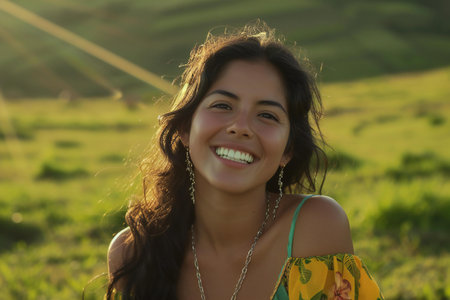 Portrait of a beautiful Asian woman smiling at camera in the morningの素材