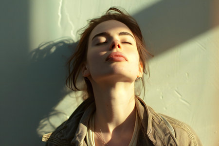 Portrait of a beautiful young woman with long brown hair, natural make-up, dressed in a beige jacket, posing against the wall.の素材