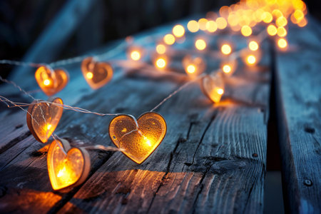 Valentines day background with heart shaped lights on rustic wooden planksの素材
