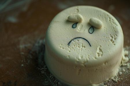 Homemade cake with sad face on a wooden background. Toned.の素材
