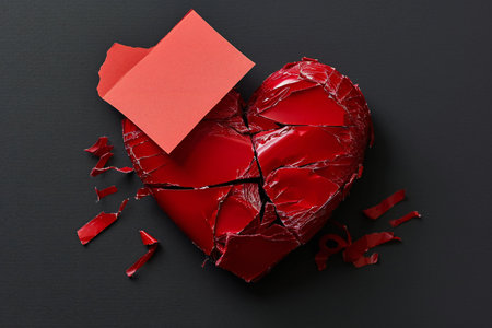Broken heart with blank card on black background, top view. Space for textの素材