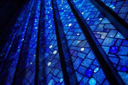 Stained glass window in a church, blue toned image.の素材