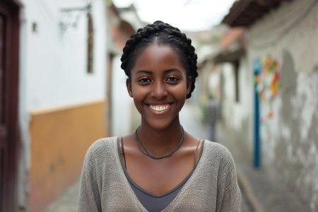 Portrait of a beautiful young african american woman smiling at cameraの素材