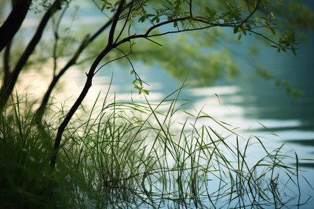 Reflection of trees in the lake. Shallow depth of field.の素材