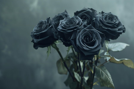 Beautiful black roses on dark background, closeup. Space for textの素材