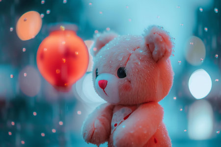 Cute teddy bear with red heart and bokeh backgroundの素材