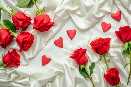 Red roses and hearts on white fabric background. Valentine's day concept.の素材