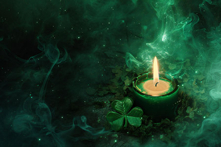 Candle with four leaf clover and shamrock on green backgroundの素材
