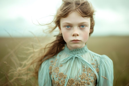 portrait of a little girl in a blue dress on the fieldの素材