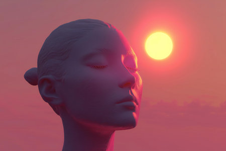 Silhouette of a female head at sunset.の素材