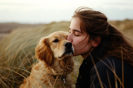 Young woman kissing her dog in the field at sunset. Selective focus.の素材