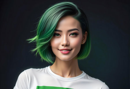 Beautiful asian woman with green hair and green t-shirt on dark backgroundの素材