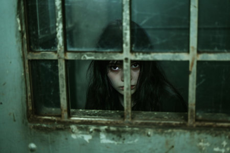 Scary girl behind the bars of an abandoned factory in the darkの素材