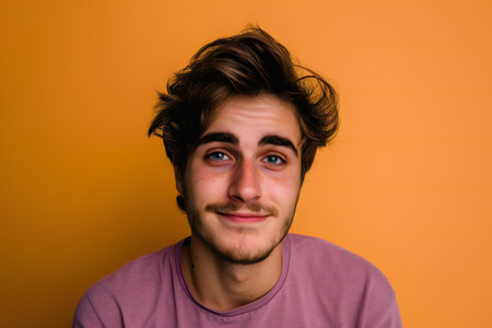 Portrait of a young man on a yellow background. Close-up.の素材