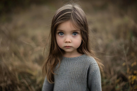 Portrait of a beautiful little girl in the autumn forest. Selective focus.の素材