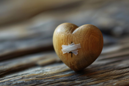 Wooden heart with adhesive tape on a wooden background. Selective focus.の素材