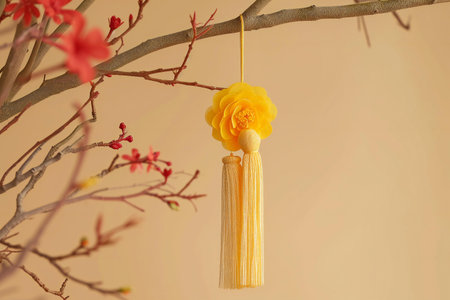 Yellow paper lantern hanging on a branch in the form of a flowerの素材