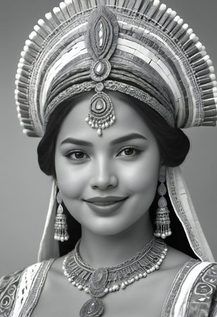 Portrait of a beautiful asian woman in traditional costume, black and whiteの素材