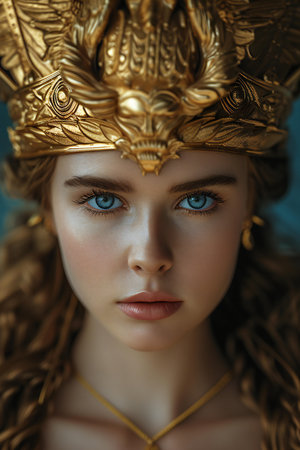 Close-up portrait of a beautiful girl in a crown of gold.の素材