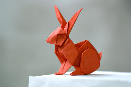 Paper origami rabbit on white background, close-up of photoの素材