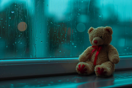 Teddy bear sitting on the windowsill with rain drops on a rainy dayの素材