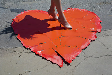Woman's legs on the red heart-shaped pillow on the streetの素材
