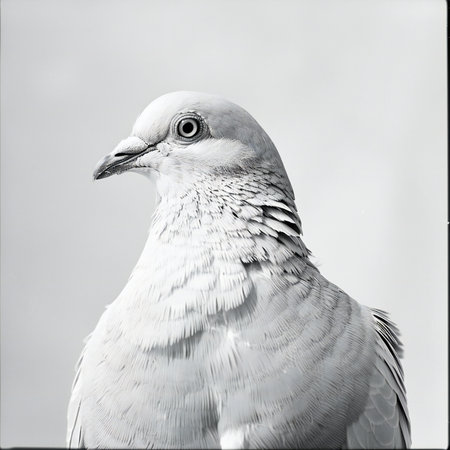 Portrait of a white dove on a background of gray sky.の素材