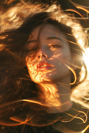 Portrait of a beautiful young woman with long hair in the rays of light.の素材