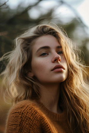 Portrait of a beautiful young woman with blond hair in the autumn park.の素材
