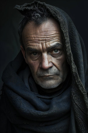 Portrait of an old man in a black shawl.の素材