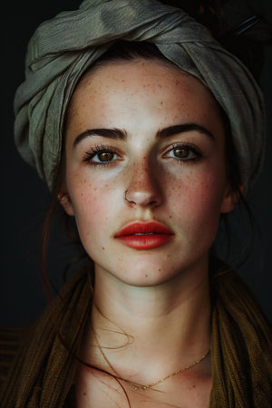 Portrait of a beautiful girl with a turban on her headの素材