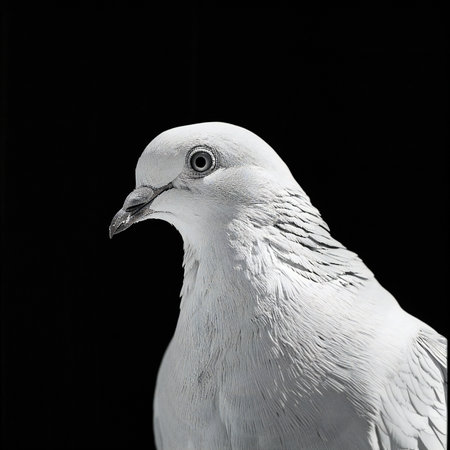 White pigeon isolated on black background, close-up. Studio shot.の素材