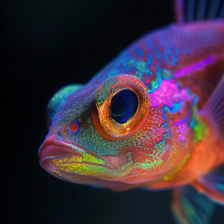 close-up of a colorful cichlid fish on a black backgroundの素材