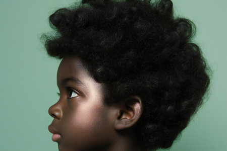 Beautiful african american woman with curly hairstyle on green backgroundの素材
