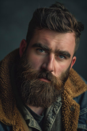 Portrait of a handsome man with a beard and mustache in a denim jacketの素材