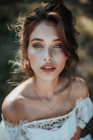 Beautiful girl in a white dress posing in the summer forest.の素材