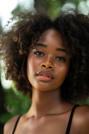 Close up portrait of beautiful african american woman with curly hairの素材