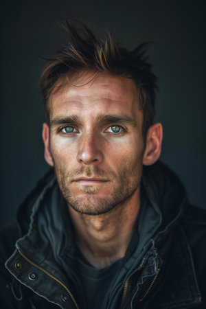 Portrait of a man in a leather jacket on a dark backgroundの素材