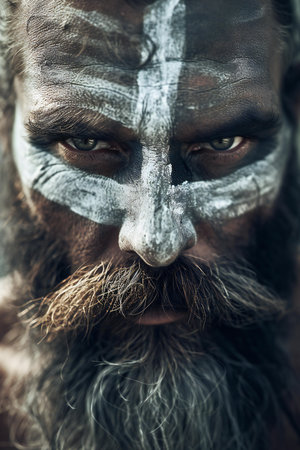 close-up portrait of a bearded man with a painted face.の素材