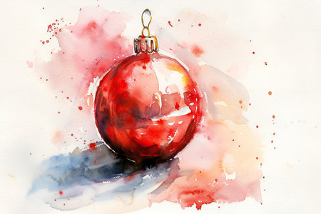 Watercolor painting of red christmas ball on watercolor background.の素材