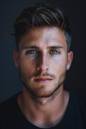 Portrait of a young man with blue eyes on a dark backgroundの素材