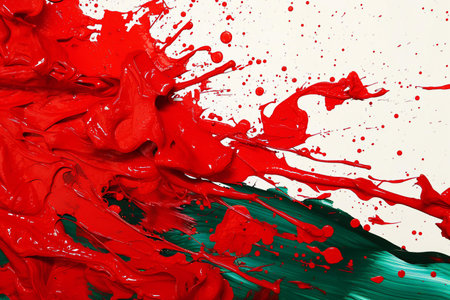 Red and green paint splashes on white background. Abstract background.の素材