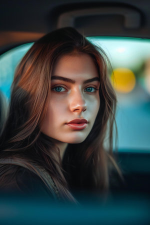 Close-up portrait of a beautiful young woman in a car.の素材