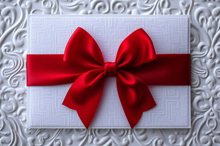 White gift box with red bow on white background.の素材