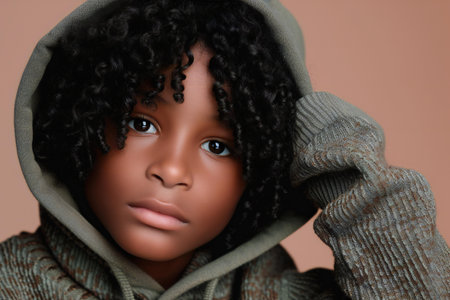 Closeup portrait of a young african american woman wearing a hooded sweatshirtの素材
