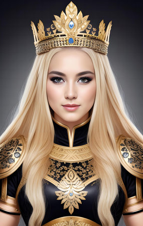 Portrait of a beautiful blonde girl with long hair in a golden crown.の素材