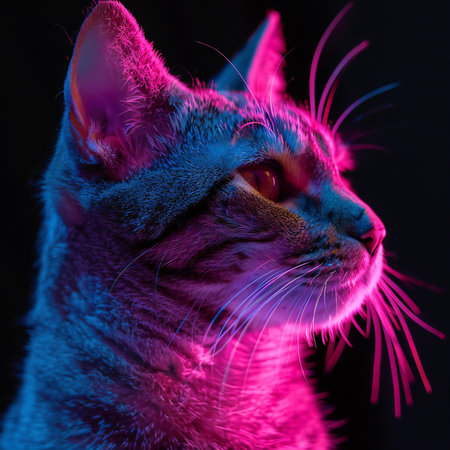 Portrait of a cat with blue and pink light on a black backgroundの素材